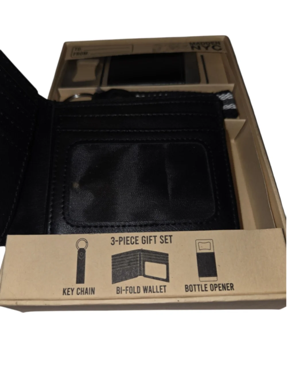 Men's Madden NYC 3-Piece Gift Set Wallet Key Chain Bottle Opener Black NEW